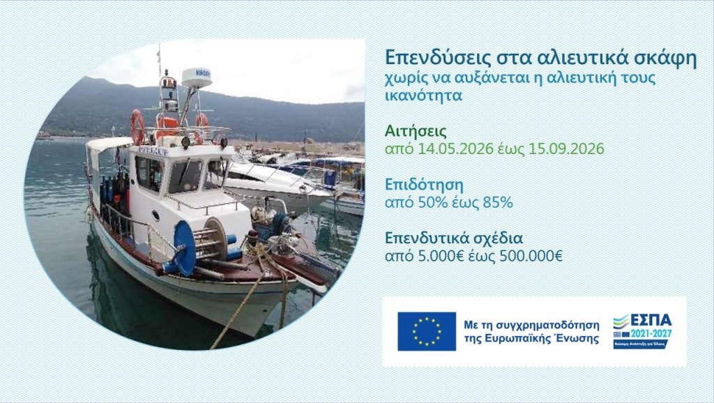 Νέα δράση για τους επαγγελματίες αλιείς – Επενδύσεις στα αλιευτικά σκάφη χωρίς να αυξάνεται η αλιευτική τους ικανότητα